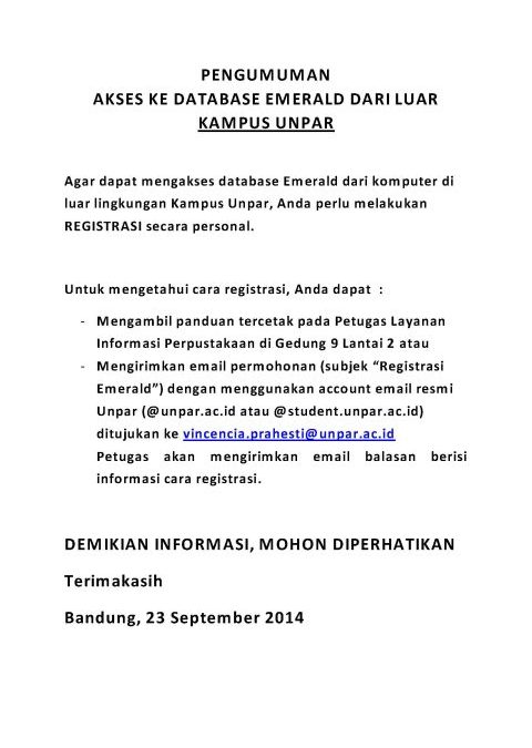 PENGUMUMAN AKSES KE DATABASE EMERALD DARI LUAR KAMPUS UNPAR